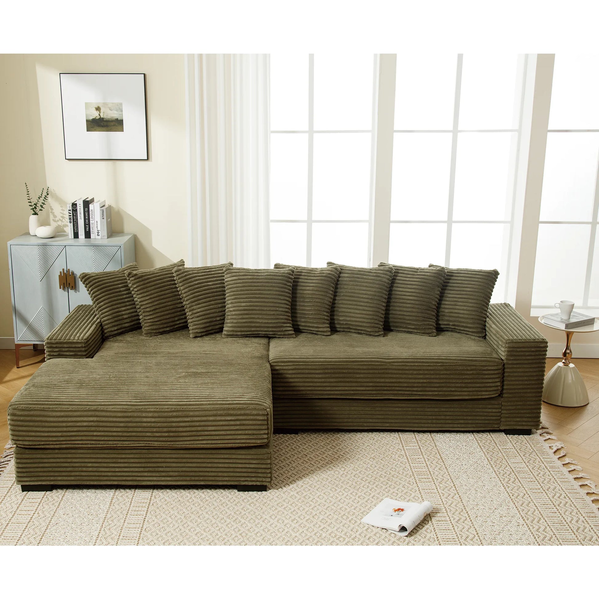 L Shaped Corduroy Couch, Plush Chaise Lounge Sofa, Green
