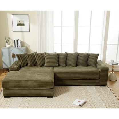 L Shaped Corduroy Couch, Plush Chaise Lounge Sofa, Green