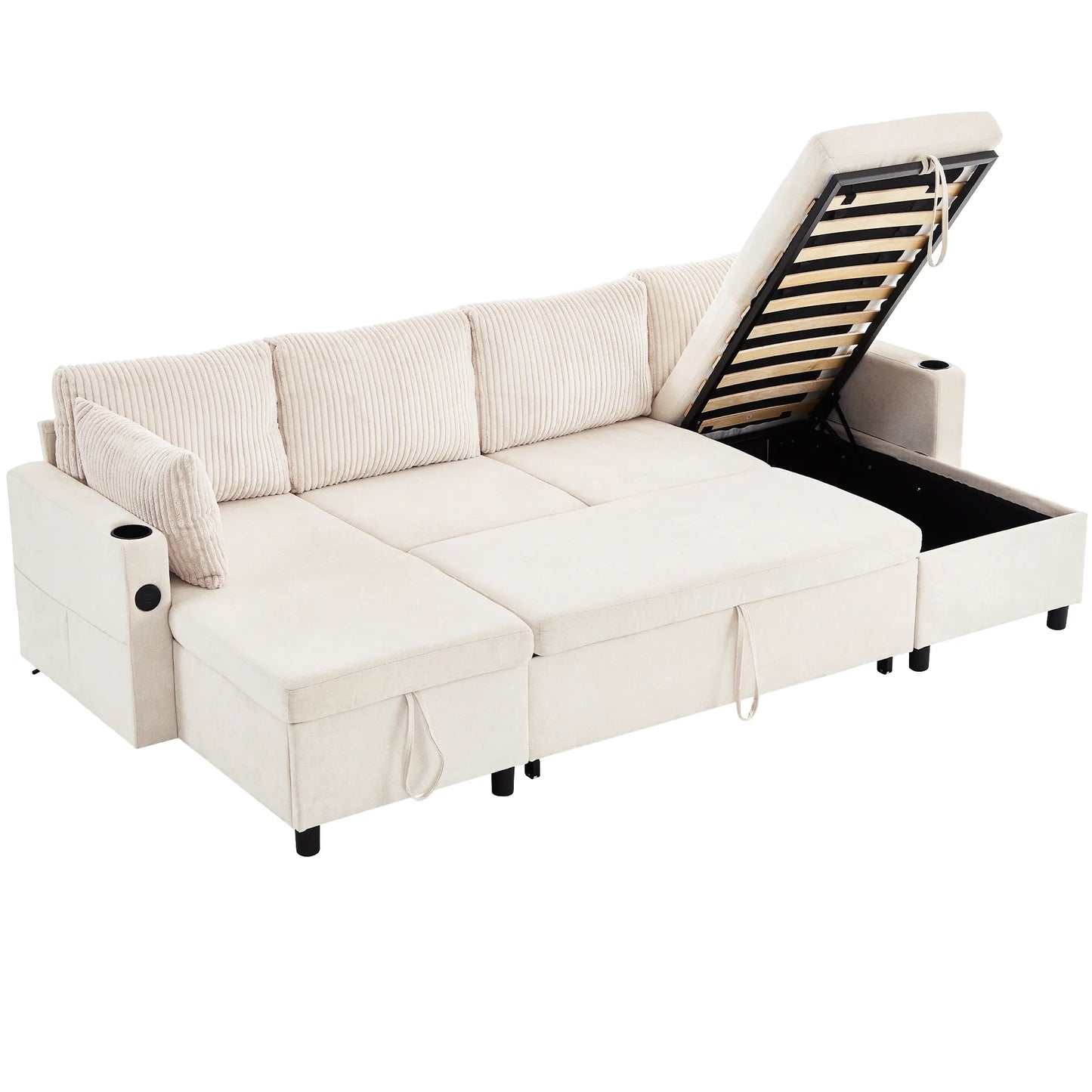Corduroy Couch with Chaise Sleeper, Sectional Sofa Pull-Out, Beige
