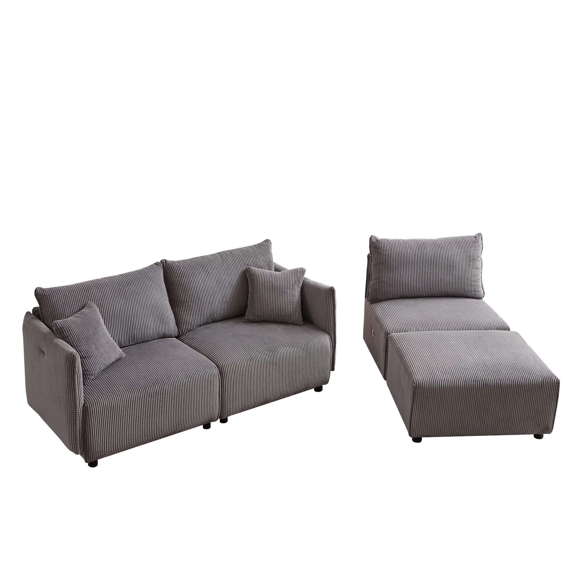 Modular U Shaped Sectional Sofa, Corduroy Couch with Ottoman - Gray