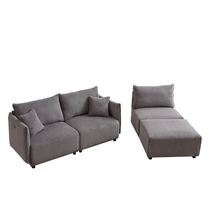 Modular U Shaped Sectional Sofa, Corduroy Couch with Ottoman - Gray