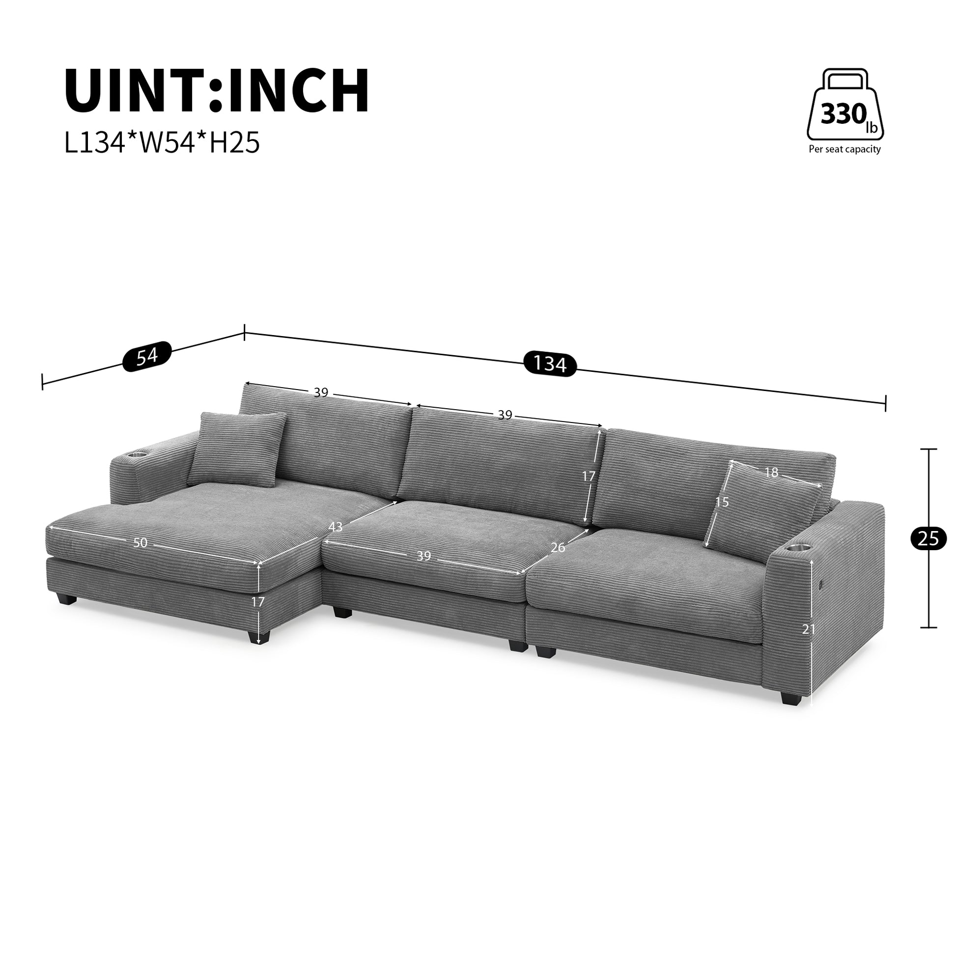 Deep Seat Corduroy Sofa, Large Sectional Couch with Chaise, Gray