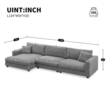 Deep Seat Corduroy Sofa, Large Sectional Couch with Chaise, Gray