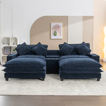 Plush Couch, Deep Seat Couch with Ottomans, Blue