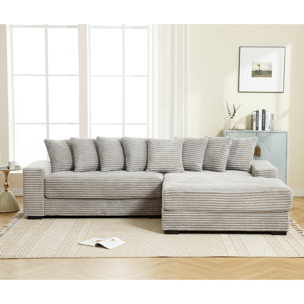 L Shaped Corduroy Couch, Plush Chaise Lounge Sofa, Gray