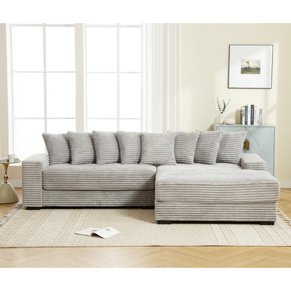 L Shaped Corduroy Couch, Plush Chaise Lounge Sofa, Gray