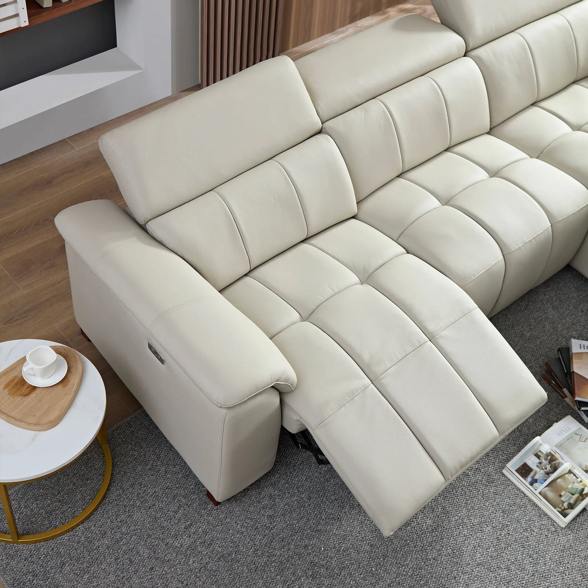 Genuine Leather Recliner Sofa, Modern Couch with Chaise, USB and Adjustable Headrest, Light Grey