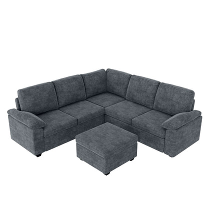 Modern L-Shape Velvet Sectional Sofa, Corner Couch with Ottoman, Grey
