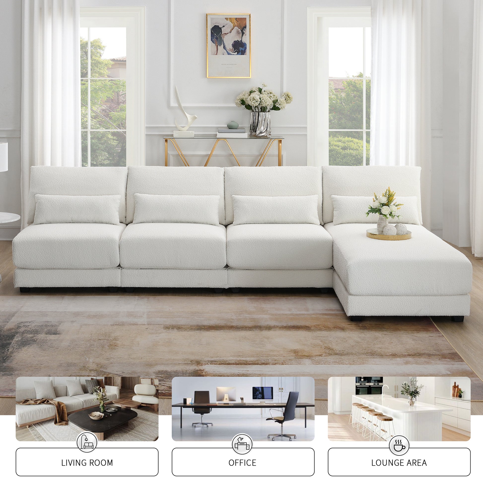 L Shape Couch, Deep Seat Sectional Sofa with Reversible Chaise, Cream