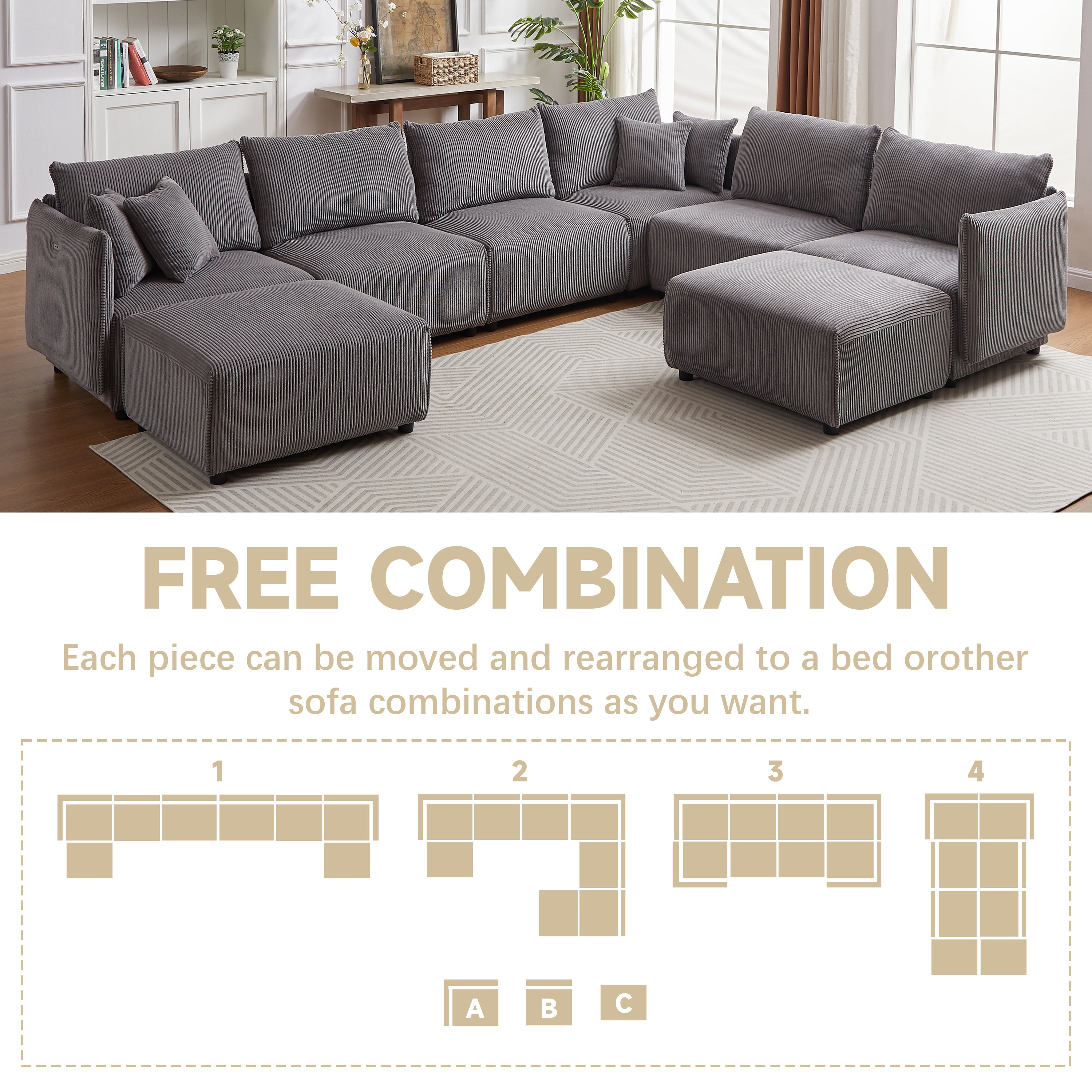 Modular U Shaped Sectional Sofa, Corduroy Couch with Ottoman - Gray