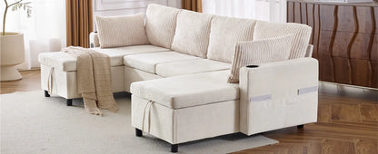 Corduroy Couch with Chaise Sleeper, Sectional Sofa Pull-Out, Beige
