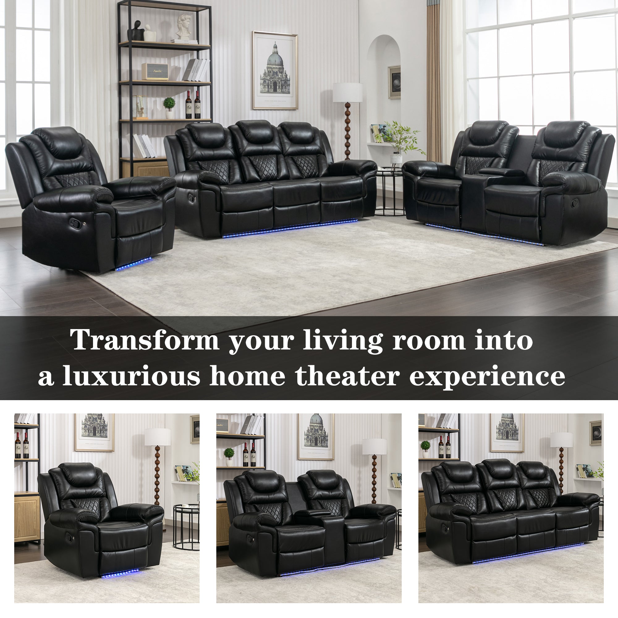 Louie Luxury Recliner Sofa Set, Home Theater Seating with LED Lights