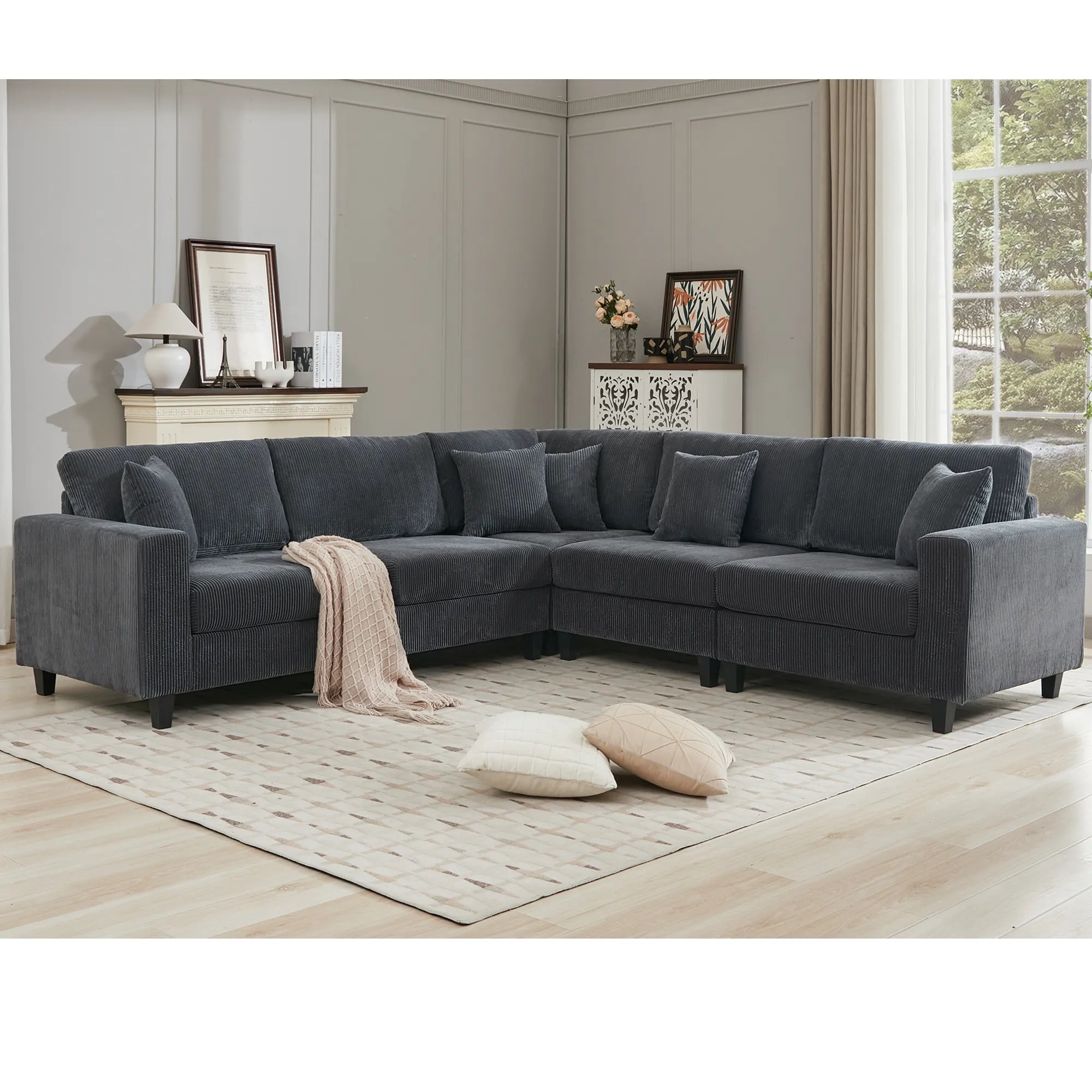 Modular Sectional Sofa, Deep Seat Corduroy Couch, Dark Gray