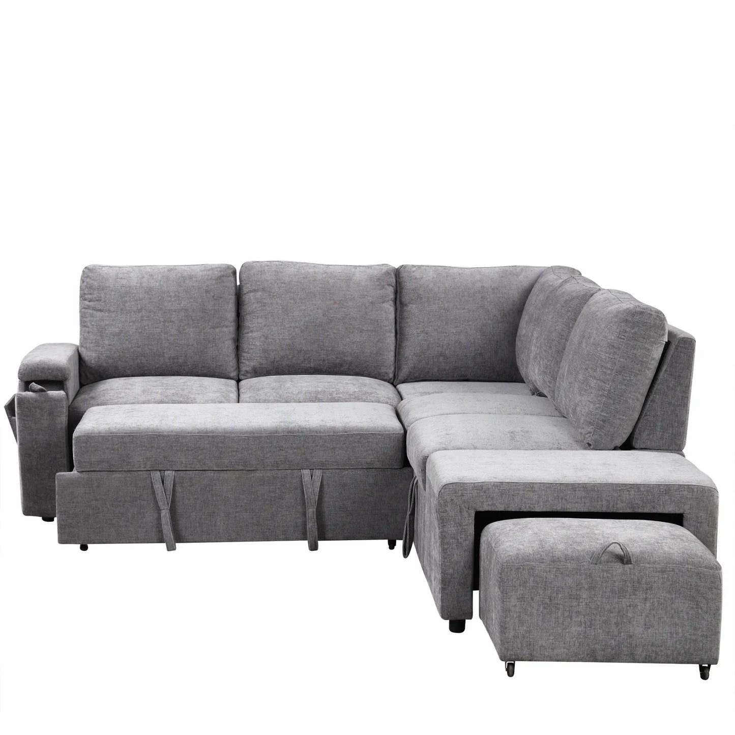 Sleeper Sectional, Sofa L Shape, Couch with Ottoman and Storage, Gray