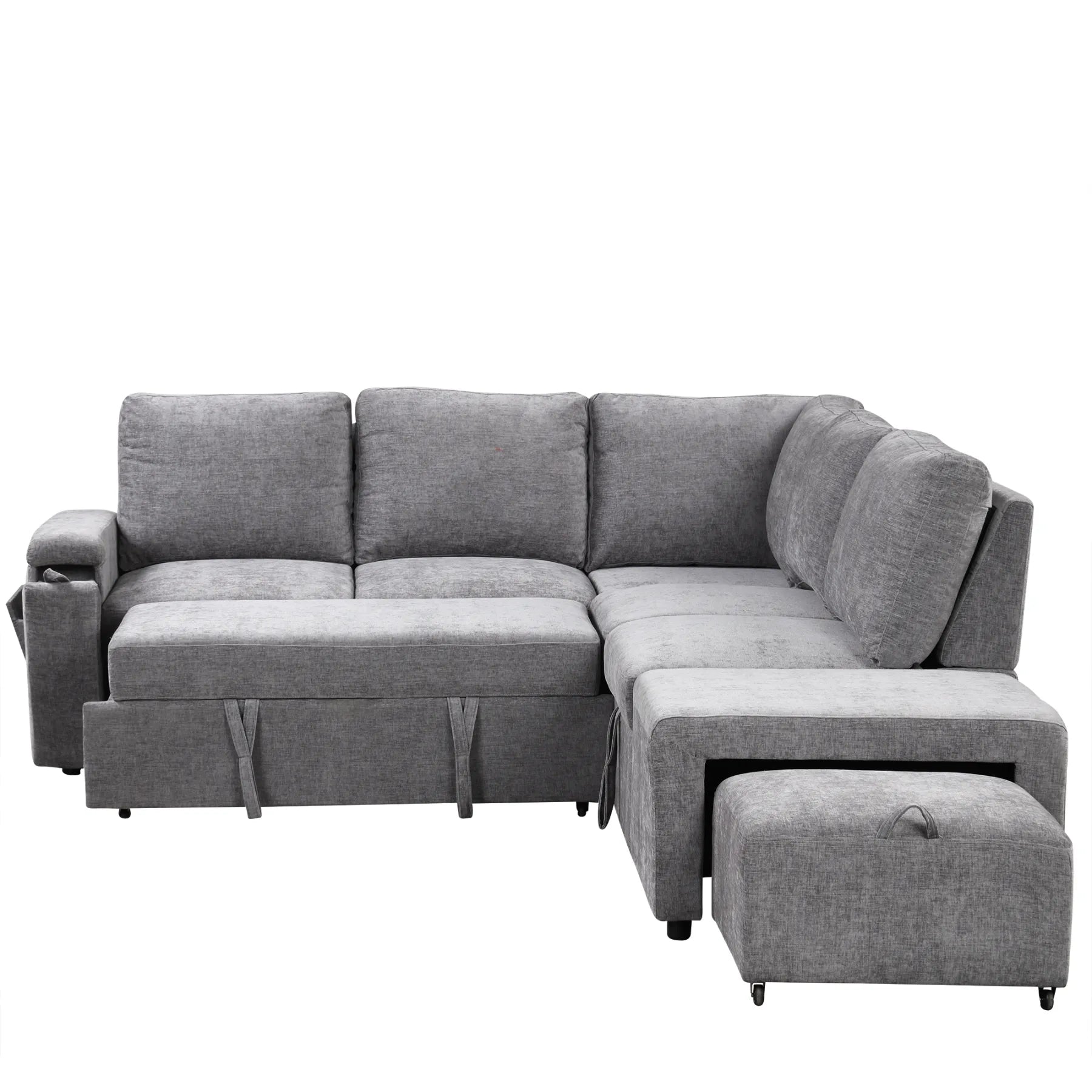 Sleeper Sectional, Sofa L Shape, Couch with Ottoman and Storage, Gray