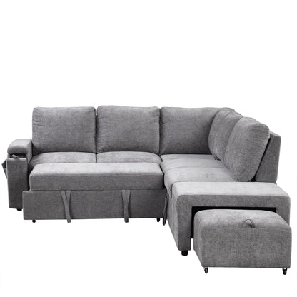 Sleeper Sectional, Sofa L Shape, Couch with Ottoman and Storage, Gray