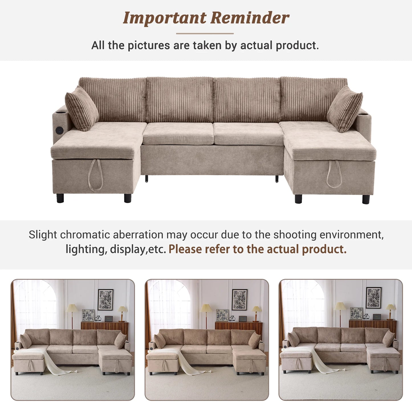 Corduroy Couch with Chaise Sleeper, Sectional Sofa Pull-Out, Brown