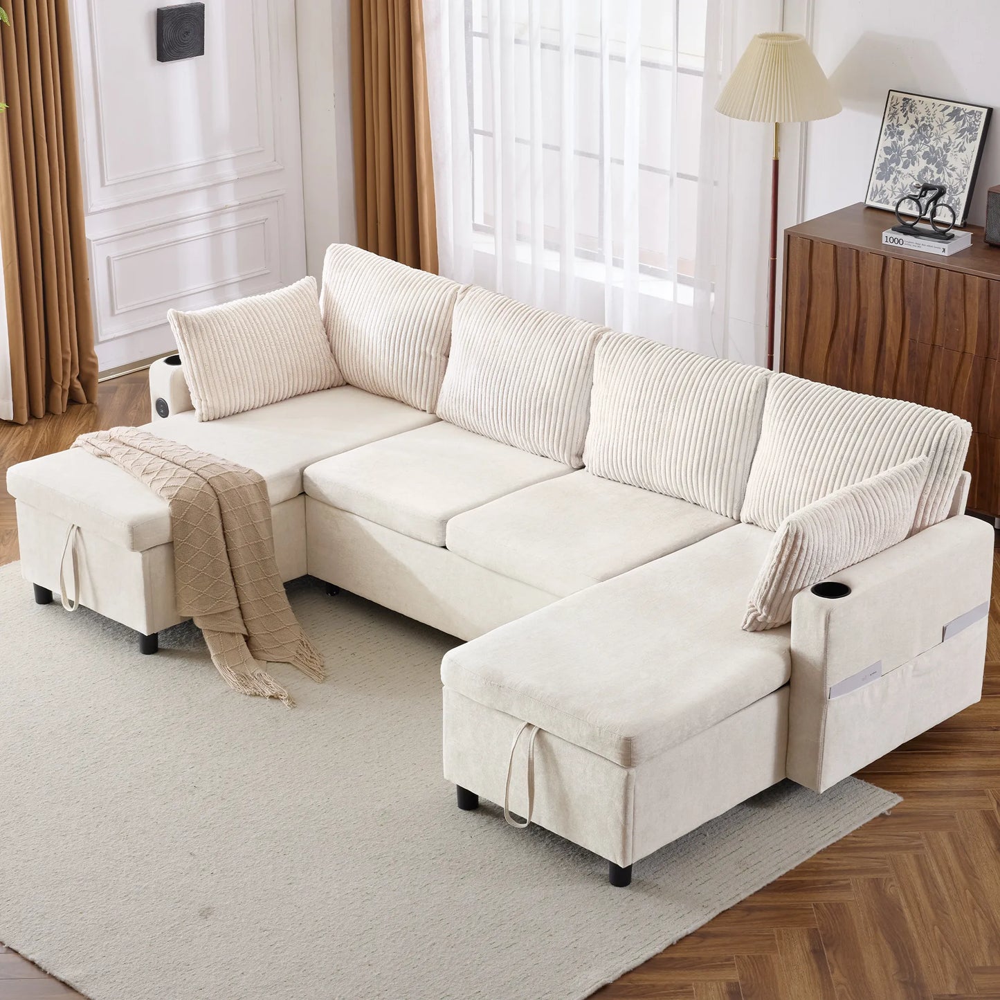 Corduroy Couch with Chaise Sleeper, Sectional Sofa Pull-Out, Beige