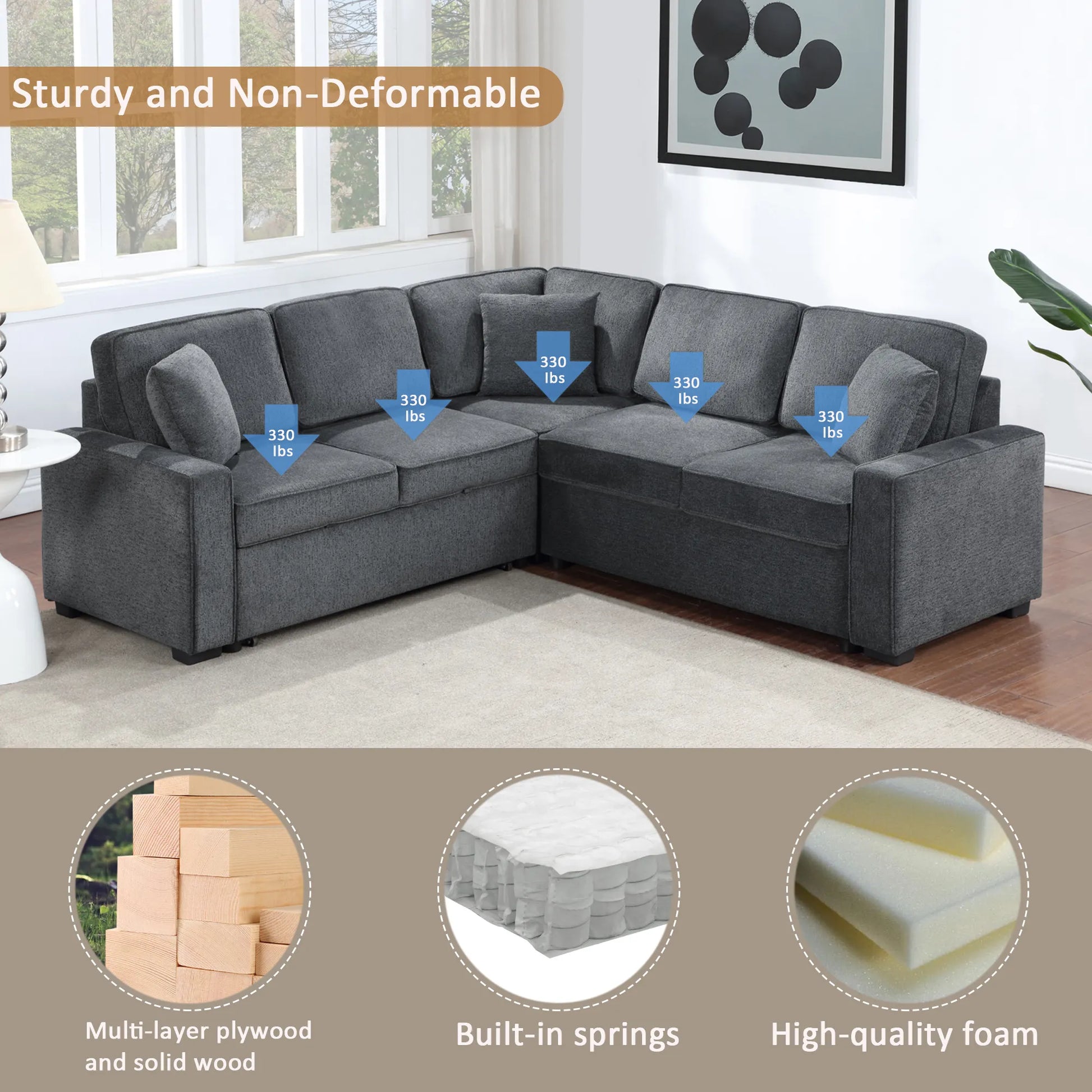Louie Sleeper Sectional, Couch L Shape - Gray