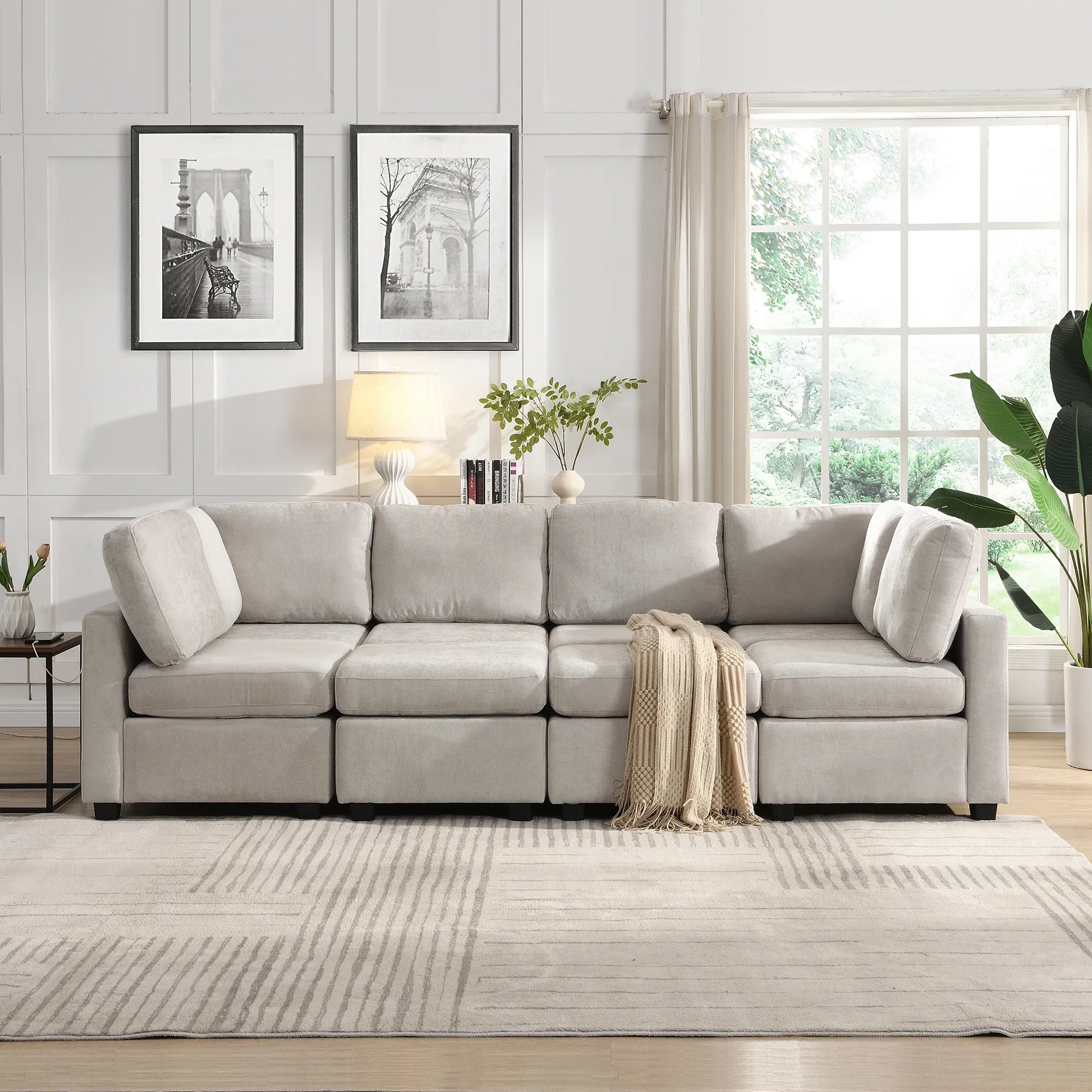 U Shaped Couch, Chenille Sectional Sofa with Ottoman, Grey