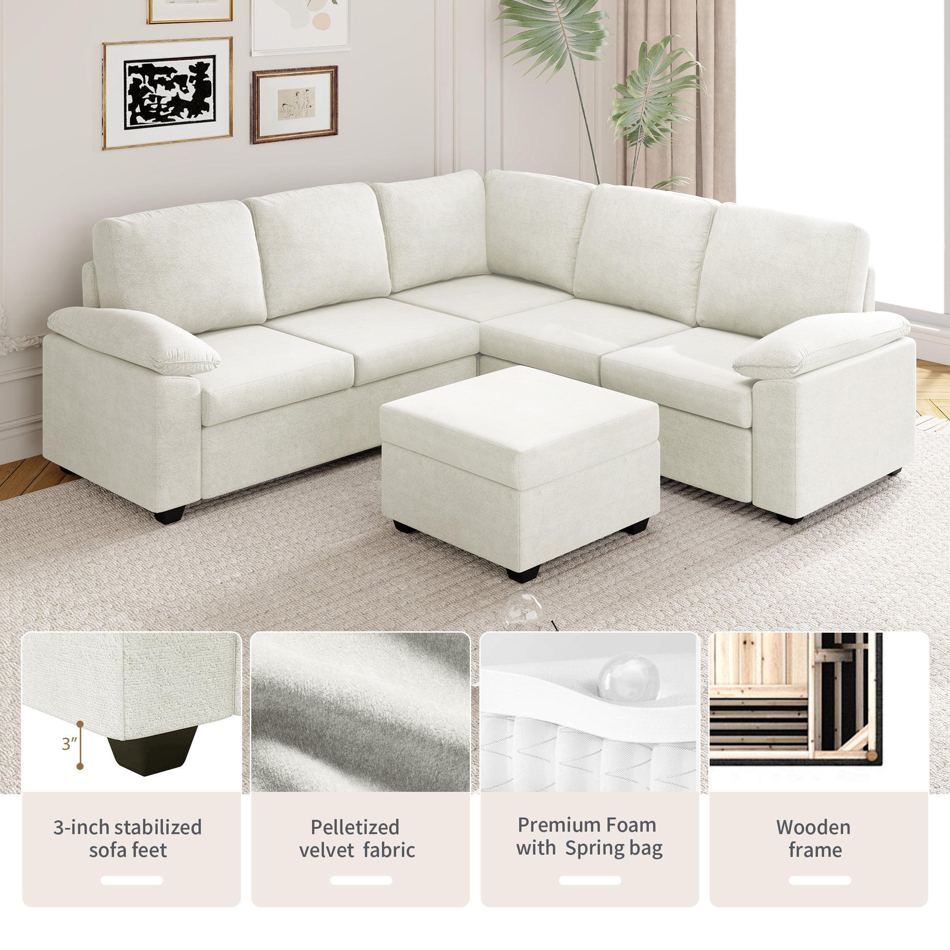 Modern L-Shape Velvet Sectional Sofa, Corner Couch with Ottoman, Beige
