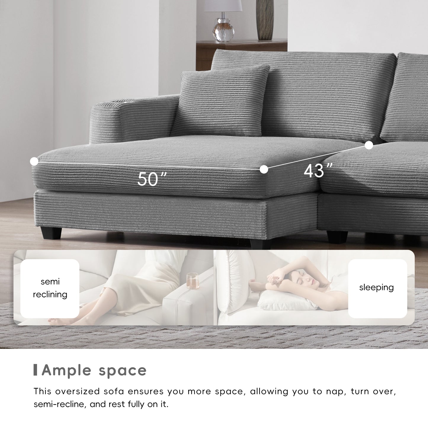 Deep Seat Corduroy Sofa, Large Sectional Couch with Chaise, Gray