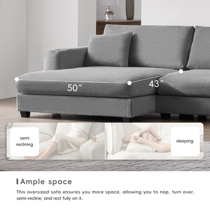 Deep Seat Corduroy Sofa, Large Sectional Couch with Chaise, Gray