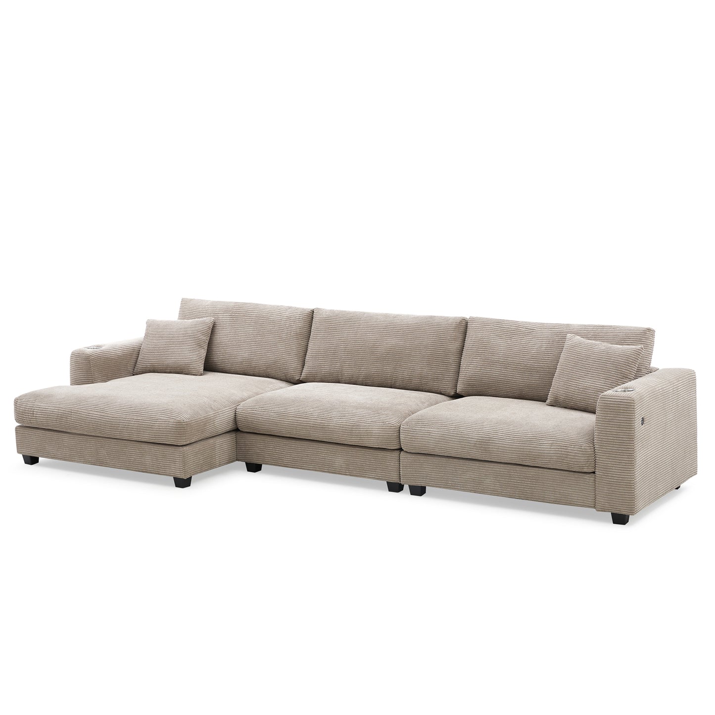 Deep Seat Corduroy Sofa, Large Sectional Couch with Chaise, Khaki