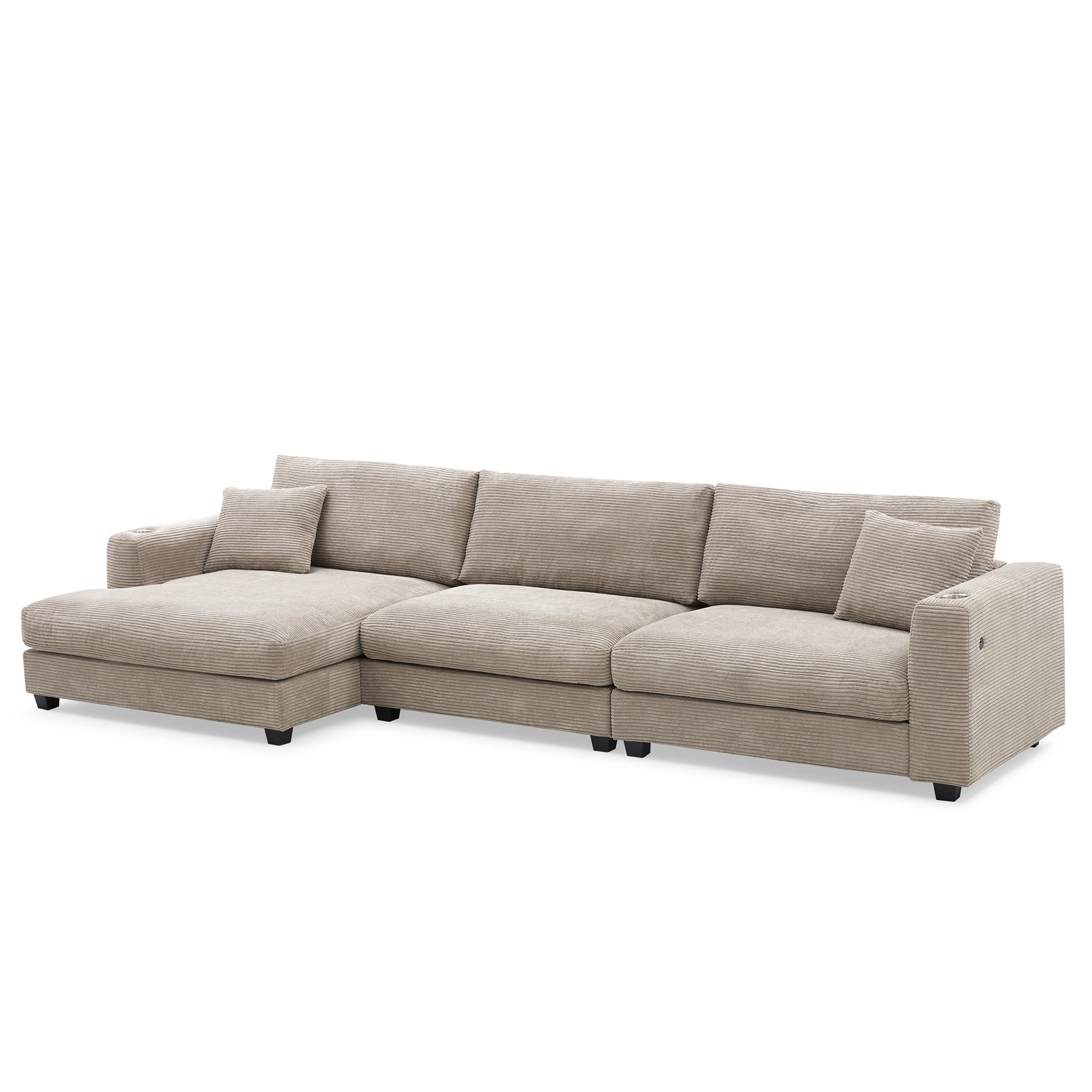 Deep Seat Corduroy Sofa, Large Sectional Couch with Chaise, Khaki
