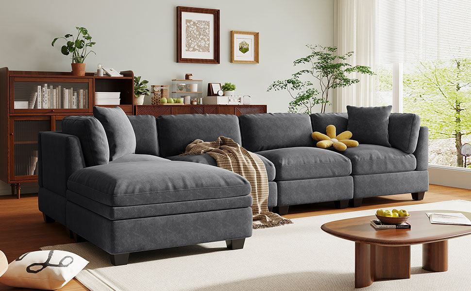 Modular Sofa with Removable Storage Ottoman, 5 Seat Sectional sofa with 2 Hidden Cup Holders