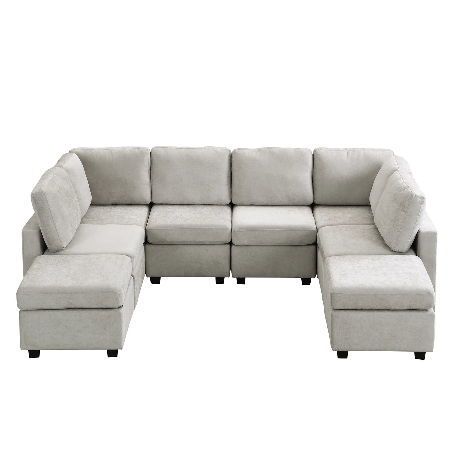 U Shaped Couch, Chenille Sectional Sofa with Ottoman, Grey