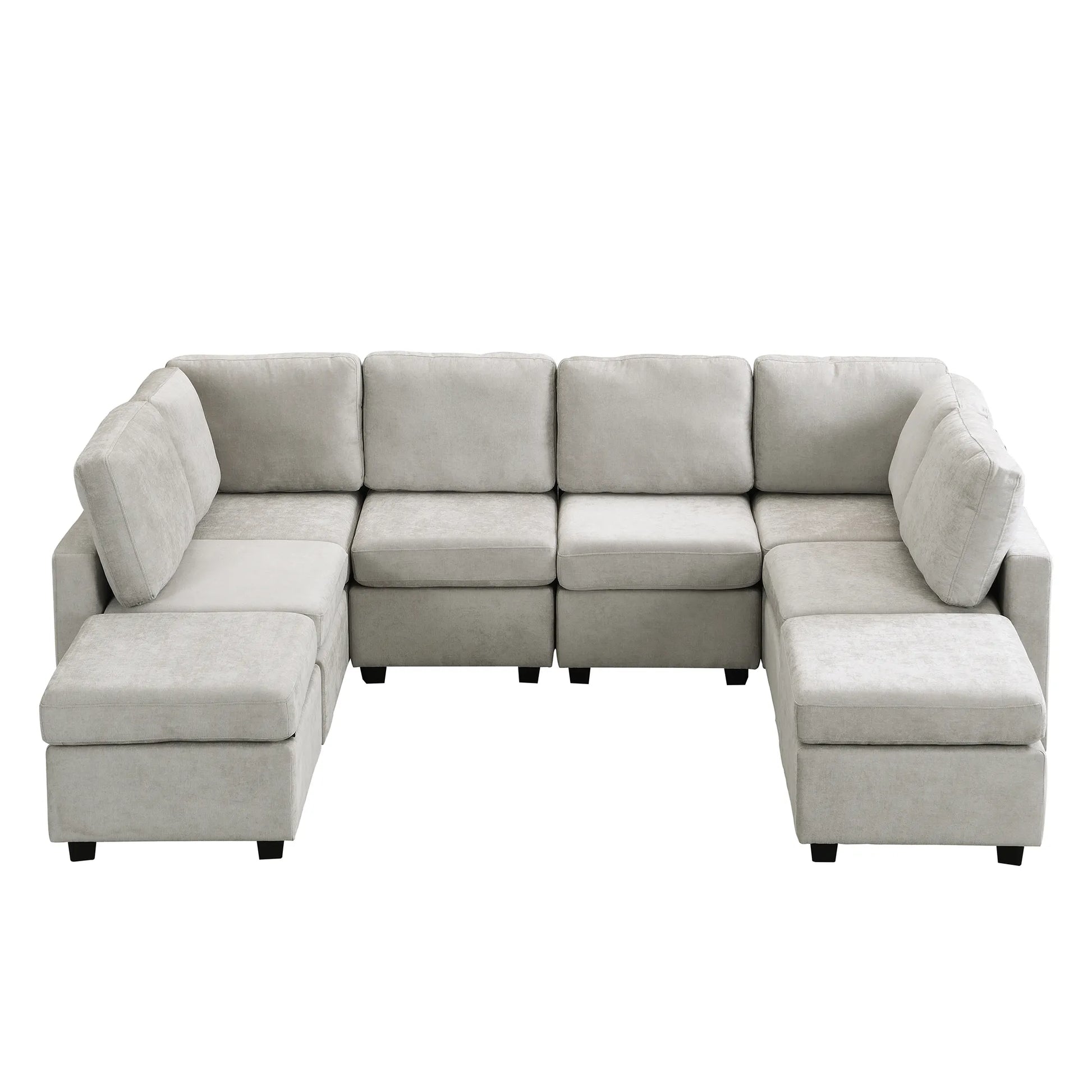 U Shaped Couch, Chenille Sectional Sofa with Ottoman, Grey
