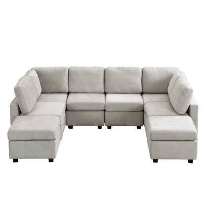 U Shaped Couch, Chenille Sectional Sofa with Ottoman, Grey