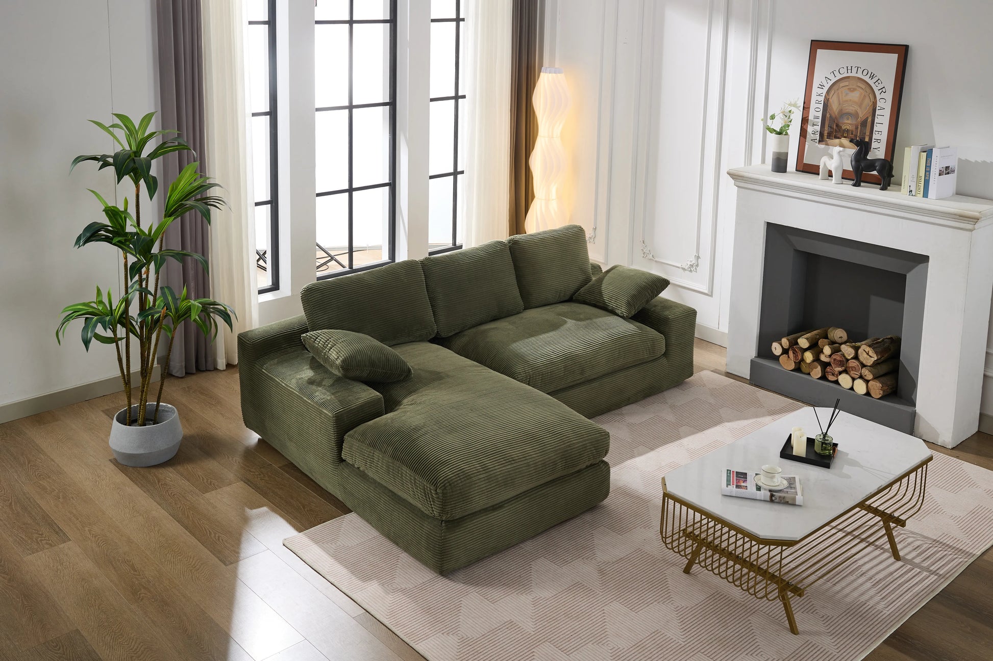 Chaise Lounge Sofa, L Shape Reversible Corduroy Couch Sectional, Green