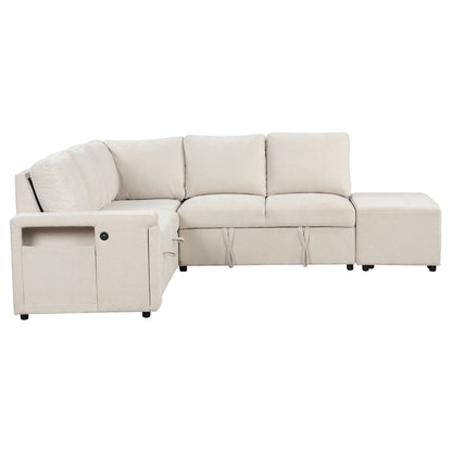 Sleeper Sectional, Sofa L Shape, Couch with Ottoman and Storage, Beige/Gray/Blue
