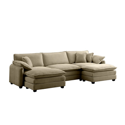 U Shape Sectional Cloud Sofa, Plush Corduroy Couch with Ottoman, Camel