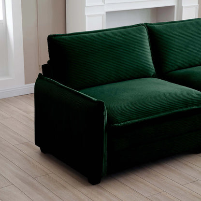 U Shape Sectional Cloud Sofa, Plush Corduroy Couch with Ottoman, Green