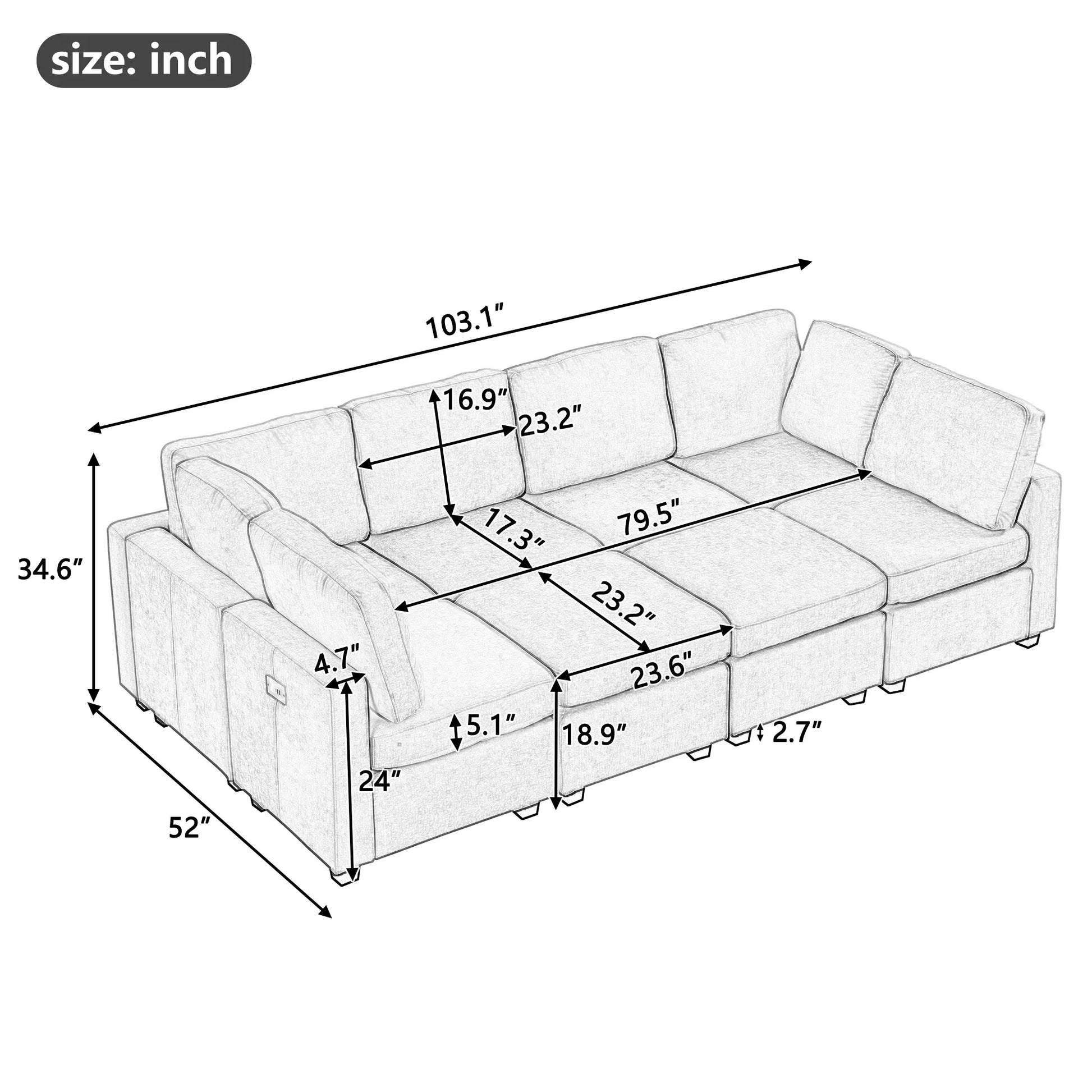 U Shaped Couch, Chenille Sectional Sofa with Ottoman, Grey