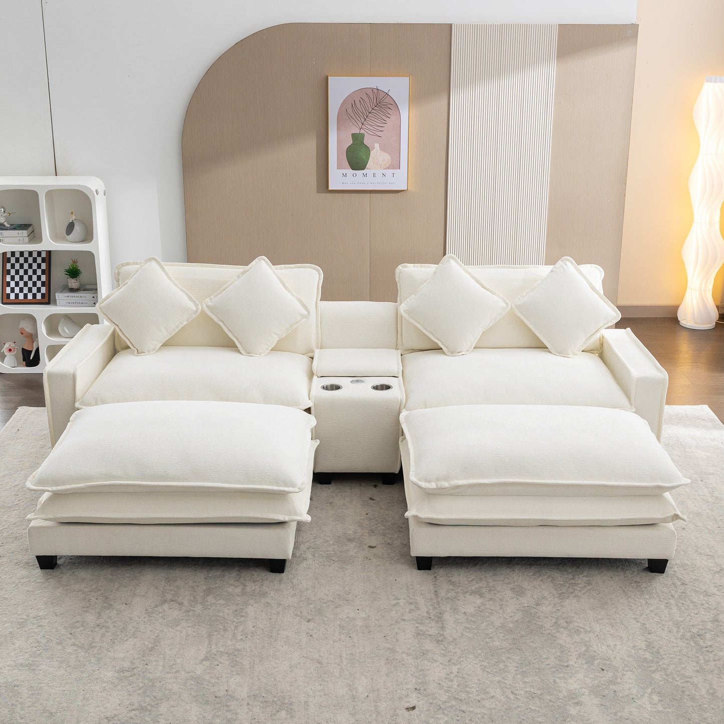 Plush Couch, Deep Seat Couch with Ottomans, Beige
