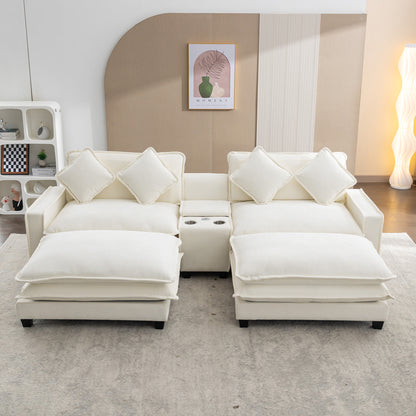Plush Couch, Deep Seat Couch with Ottomans, Beige