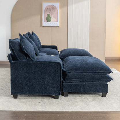Plush Couch, Deep Seat Couch with Ottomans, Blue