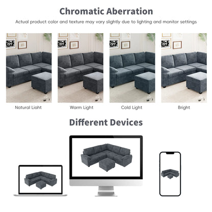 Modern L-Shape Velvet Sectional Sofa, Corner Couch with Ottoman, Grey