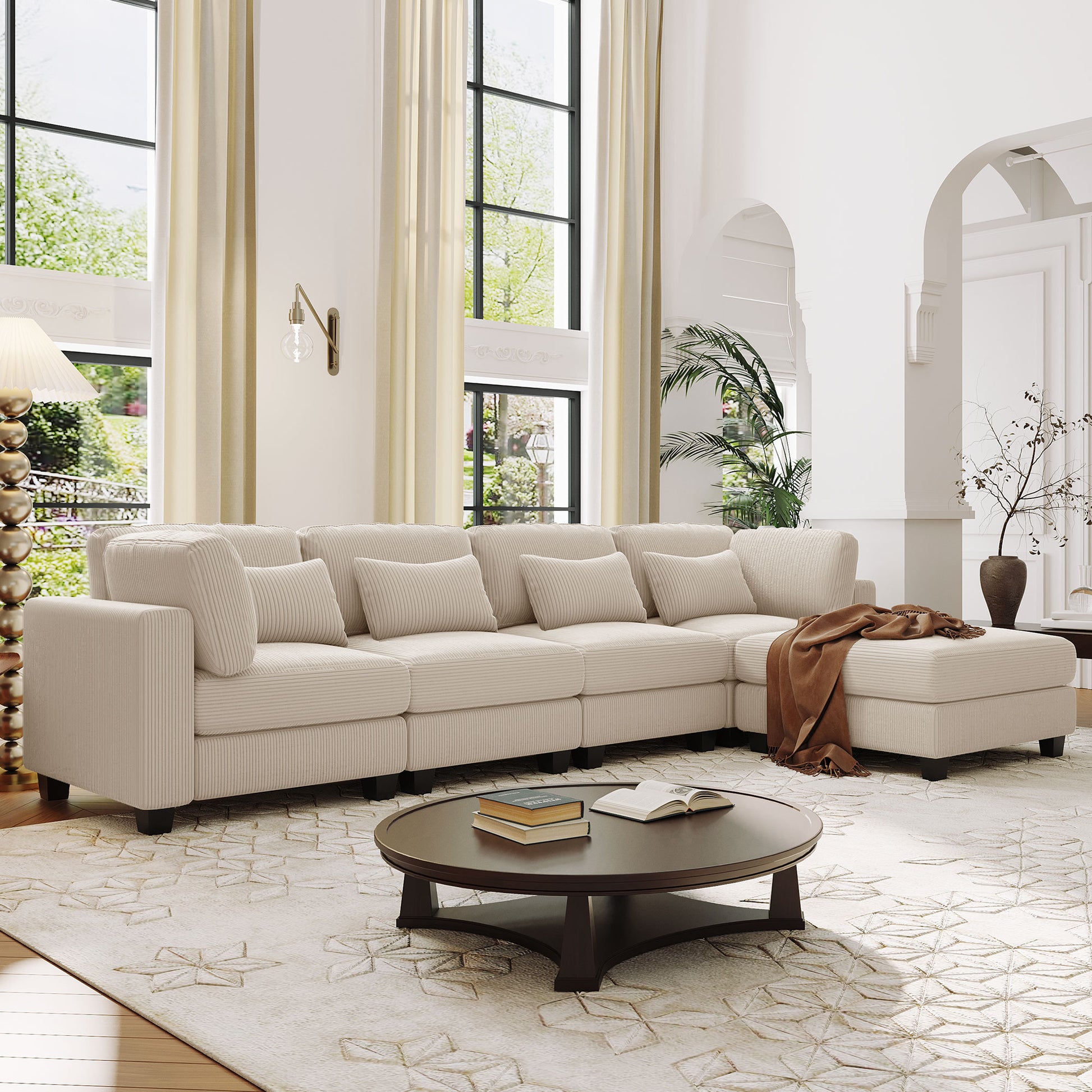 Louie Modular Sectional Sofa, Corduroy Couch with Ottoman - Beige