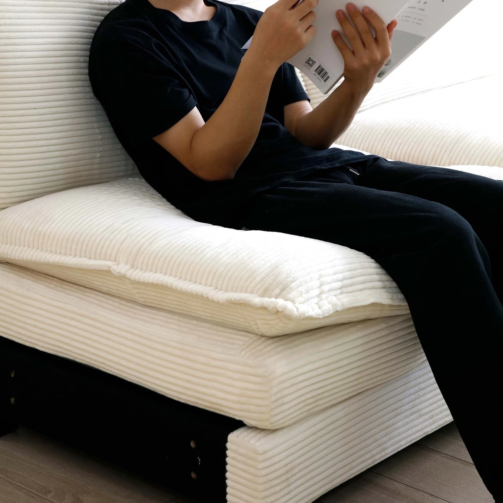 U Shape Sectional Cloud Sofa, Plush Corduroy Couch with Ottoman, Beige