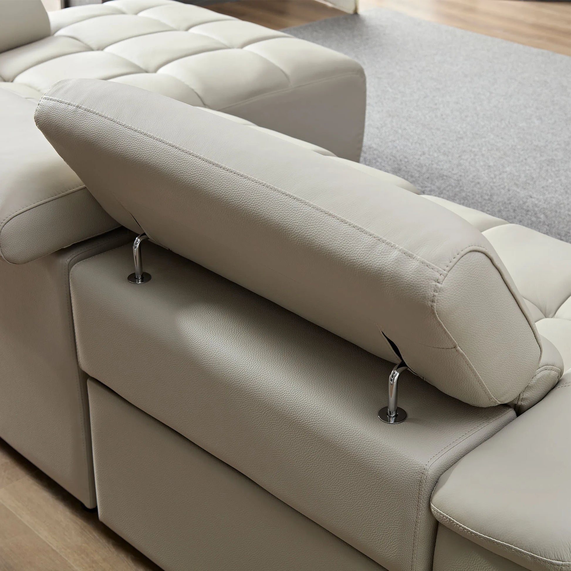 Genuine Leather Recliner Sofa, Modern Couch with Chaise, USB and Adjustable Headrest, Light Grey