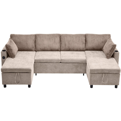 Corduroy Couch with Chaise Sleeper, Sectional Sofa Pull-Out, Brown