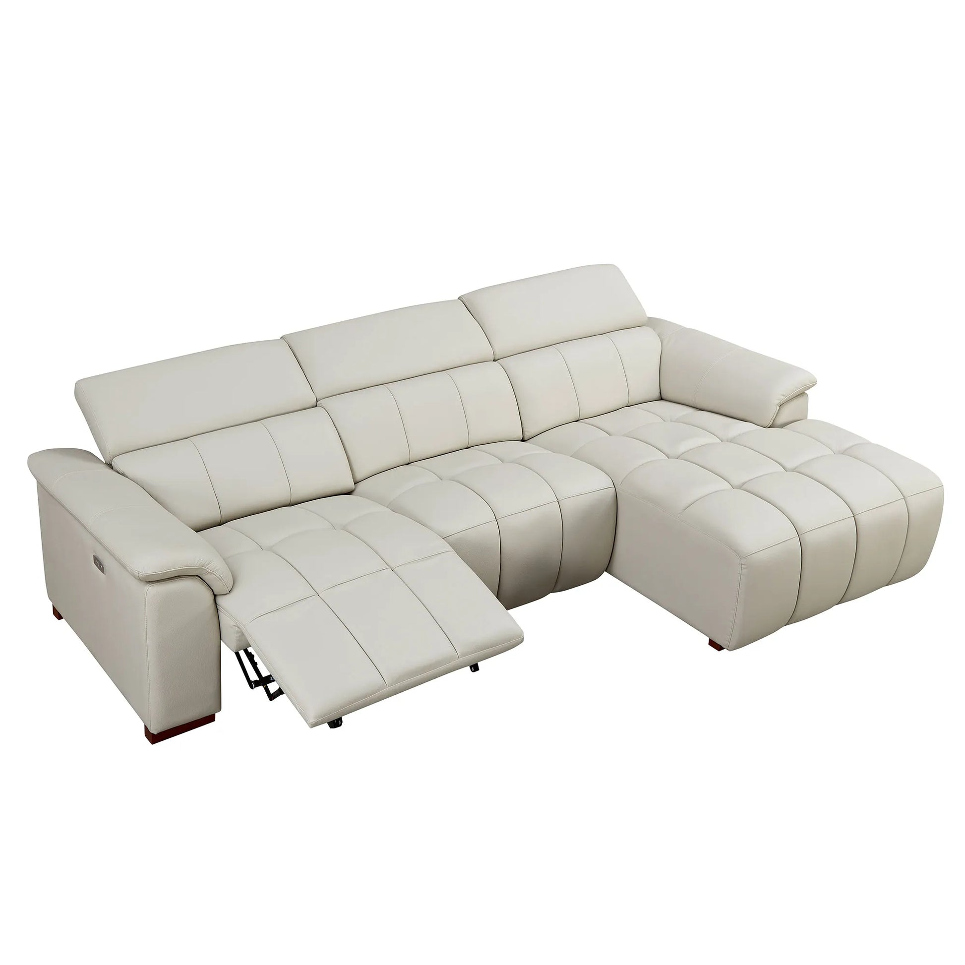 Genuine Leather Recliner Sofa, Modern Couch with Chaise, USB and Adjustable Headrest, Light Grey