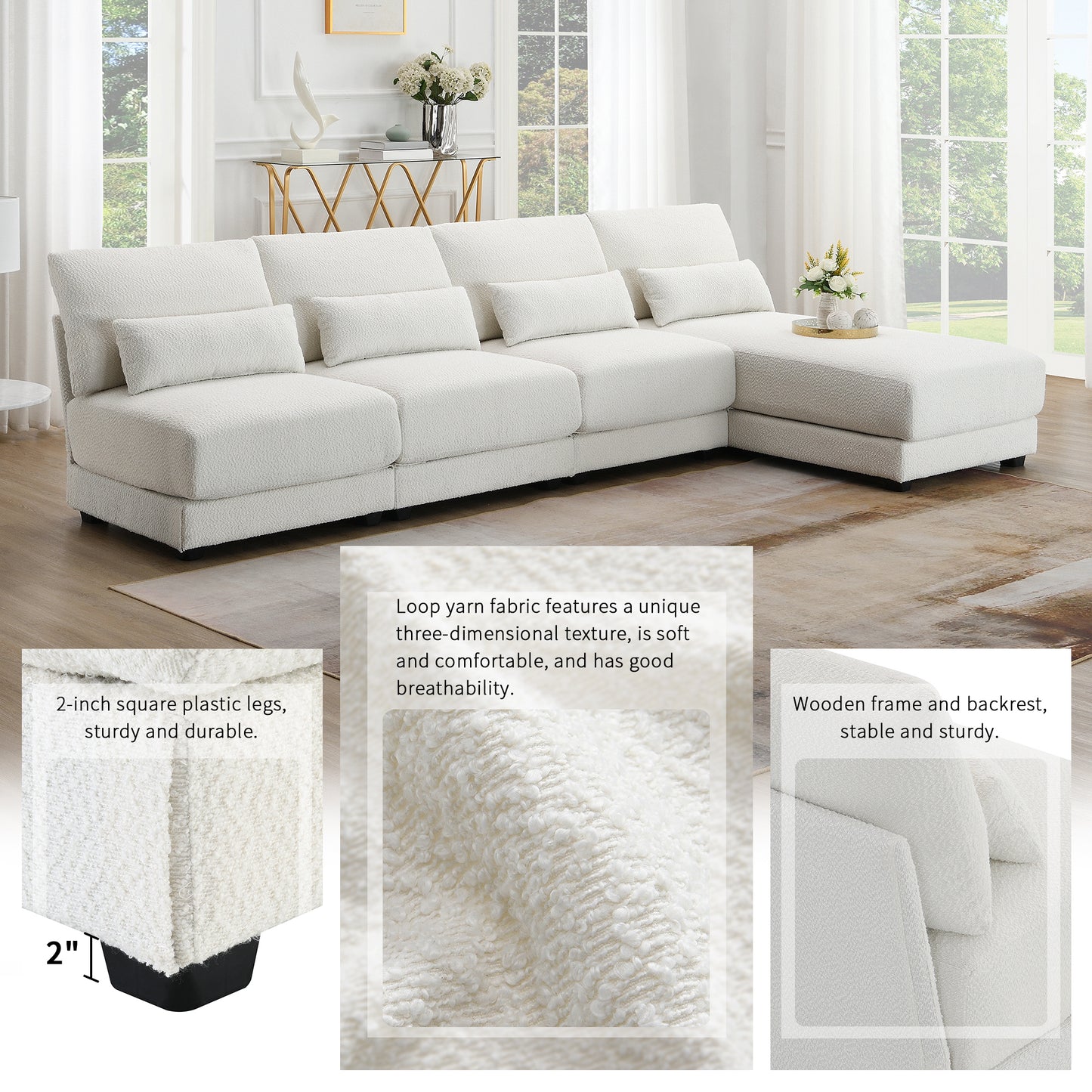 L Shape Couch, Deep Seat Sectional Sofa with Reversible Chaise, Cream