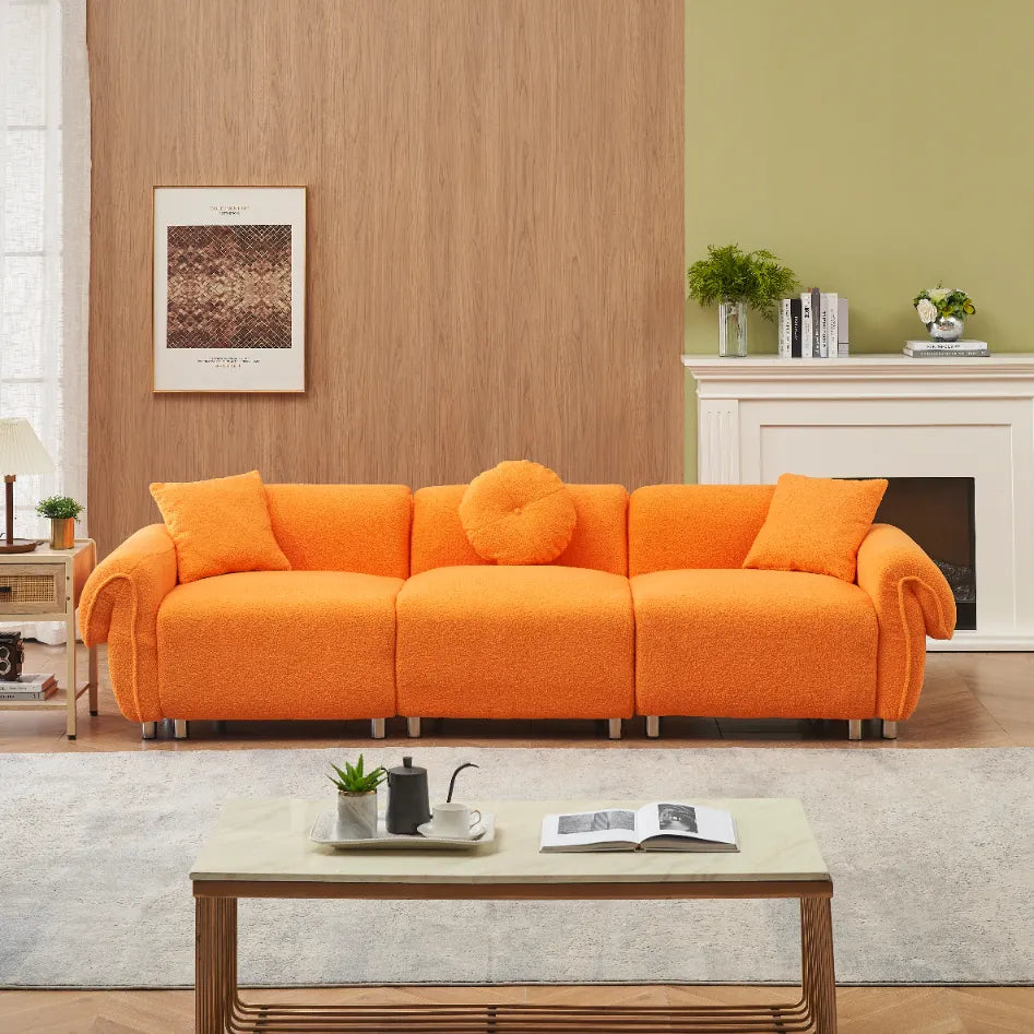 3 Seater Sofa, Plush Upholstered Teddy Velvet Couch, Orange