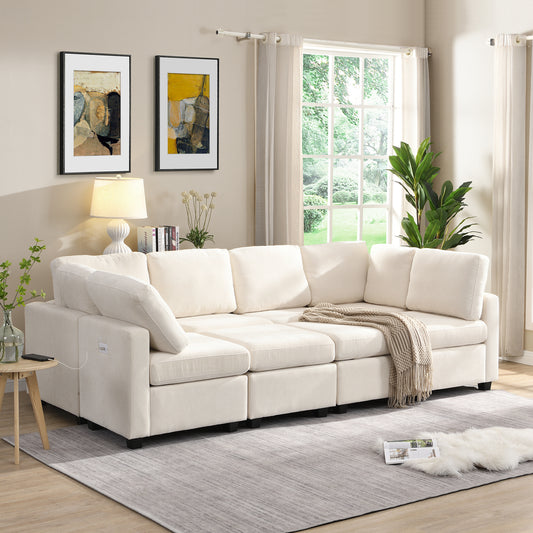 U Shaped Couch, Chenille Sectional Sofa with Ottoman, Beige